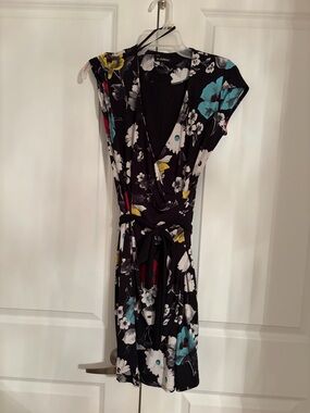 le chateau Black Floral Midi Dress with Teal, Yellow & Red Accents